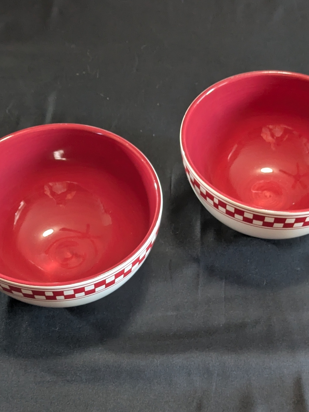 Red Checkered Bowls Farmhouse Country Diner Stoneware General Store Set Of 2